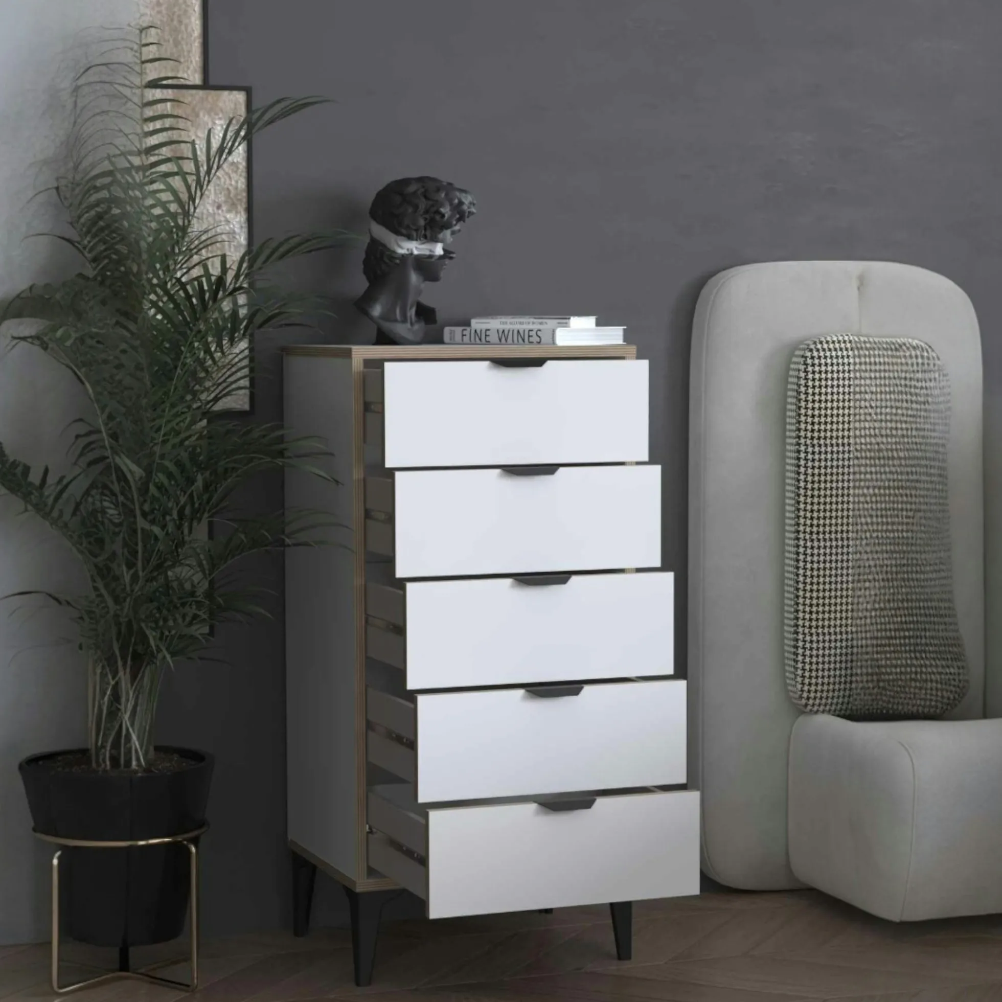 Commode étroite blanche 5 tiroirs BYRON