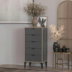 Commode étroite gris foncé 5 tiroirs BYRON