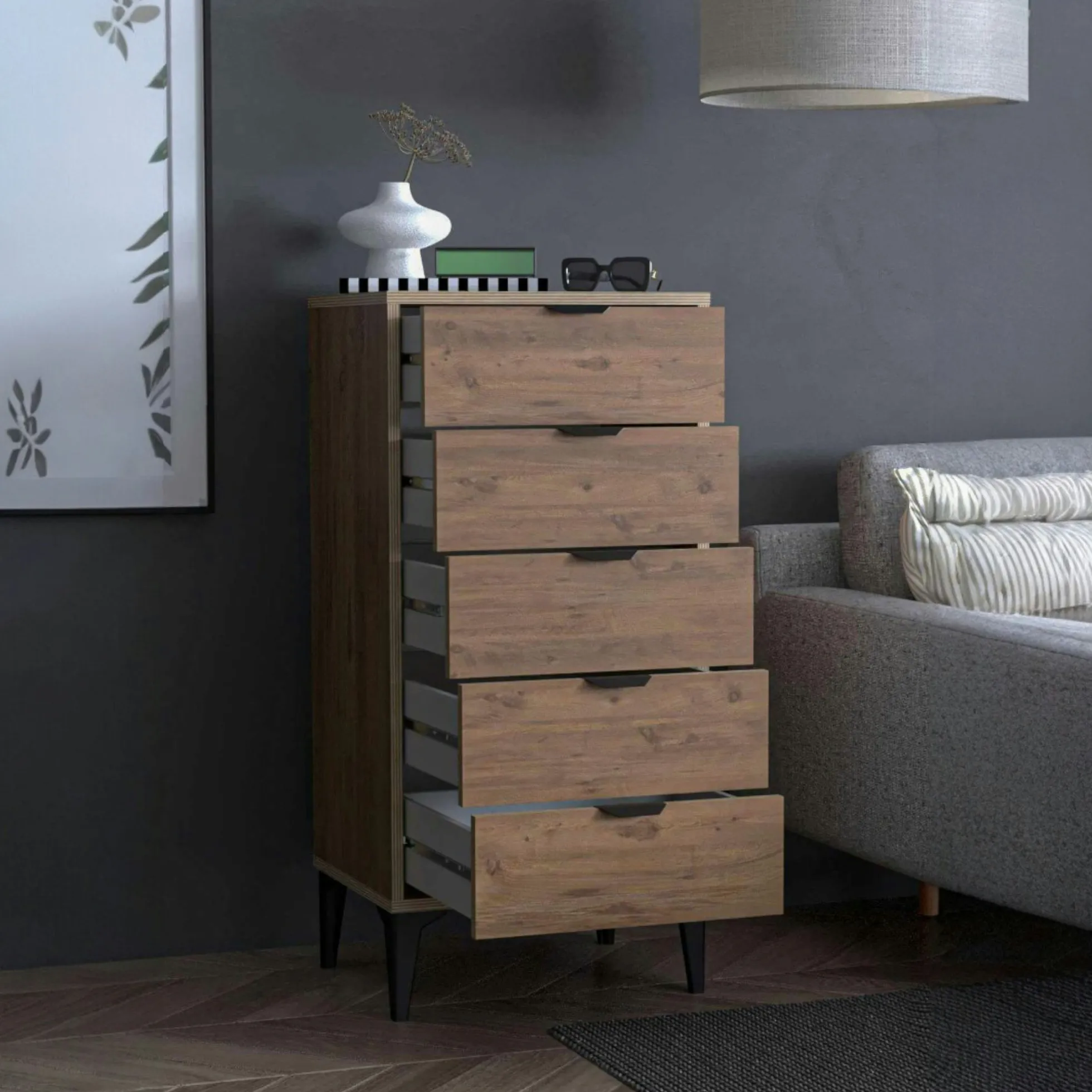 Commode étroite 5 tiroirs décor pin BYRON