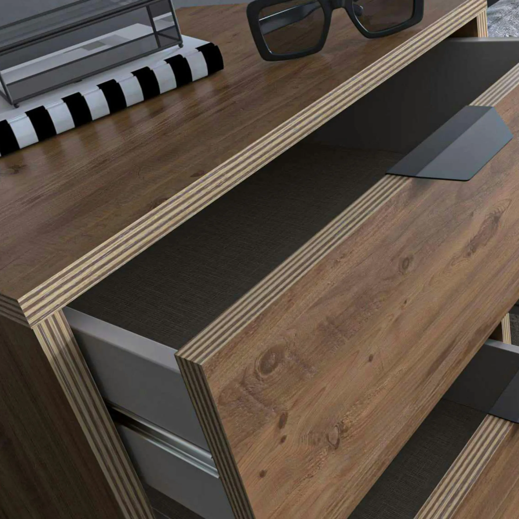 Commode étroite 5 tiroirs décor pin BYRON