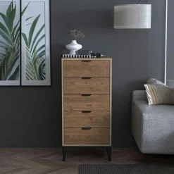 Commode étroite 5 tiroirs décor pin BYRON