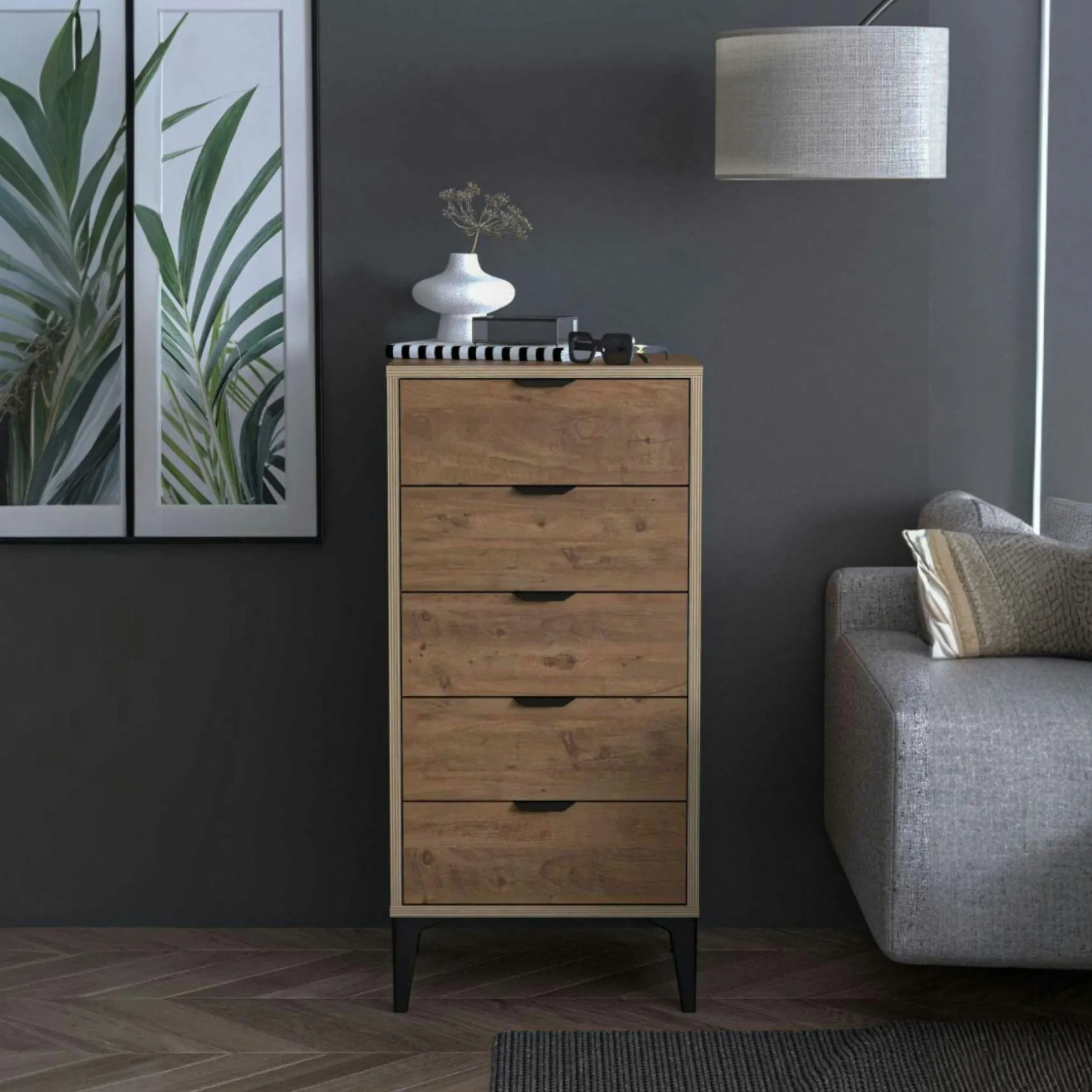 Commode étroite 5 tiroirs décor pin BYRON