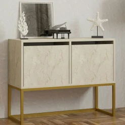 Console basse avec niches de rangement, effet travertin JENA