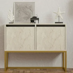 Console basse avec niches de rangement, effet travertin JENA