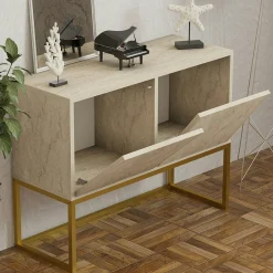 Console basse avec niches de rangement, effet travertin JENA