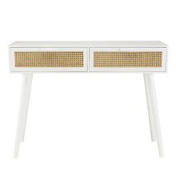 Console blanche moderne 2 tiroirs cannage naturel CALVIA