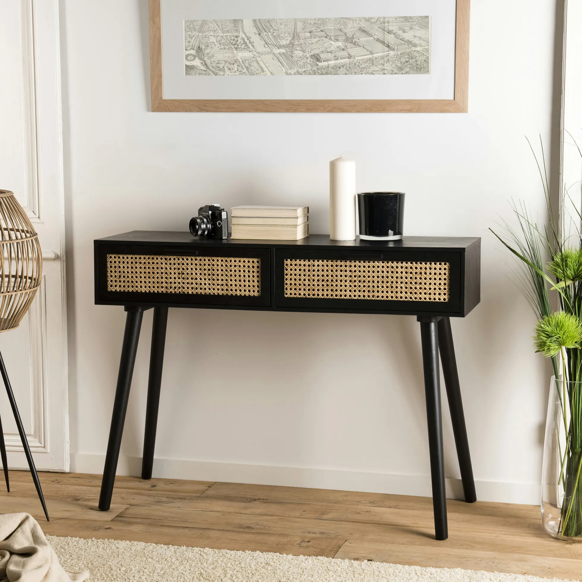Console bois noir tiroirs cannage PALMA 2