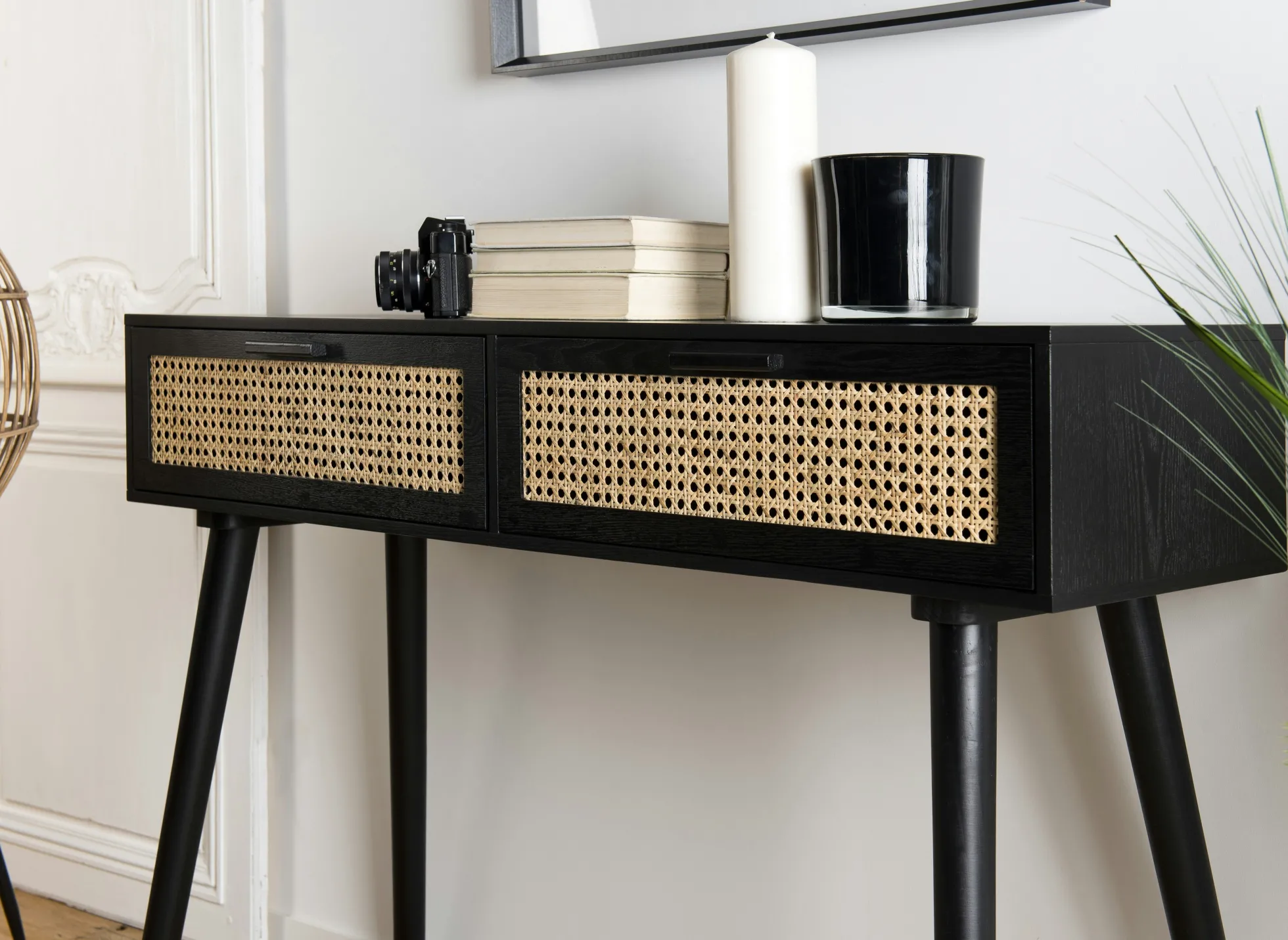Console bois noir tiroirs cannage PALMA 2