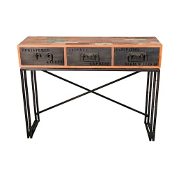 Console bois recyclé 3 tiroirs 120x35x90cm CARAVELLE