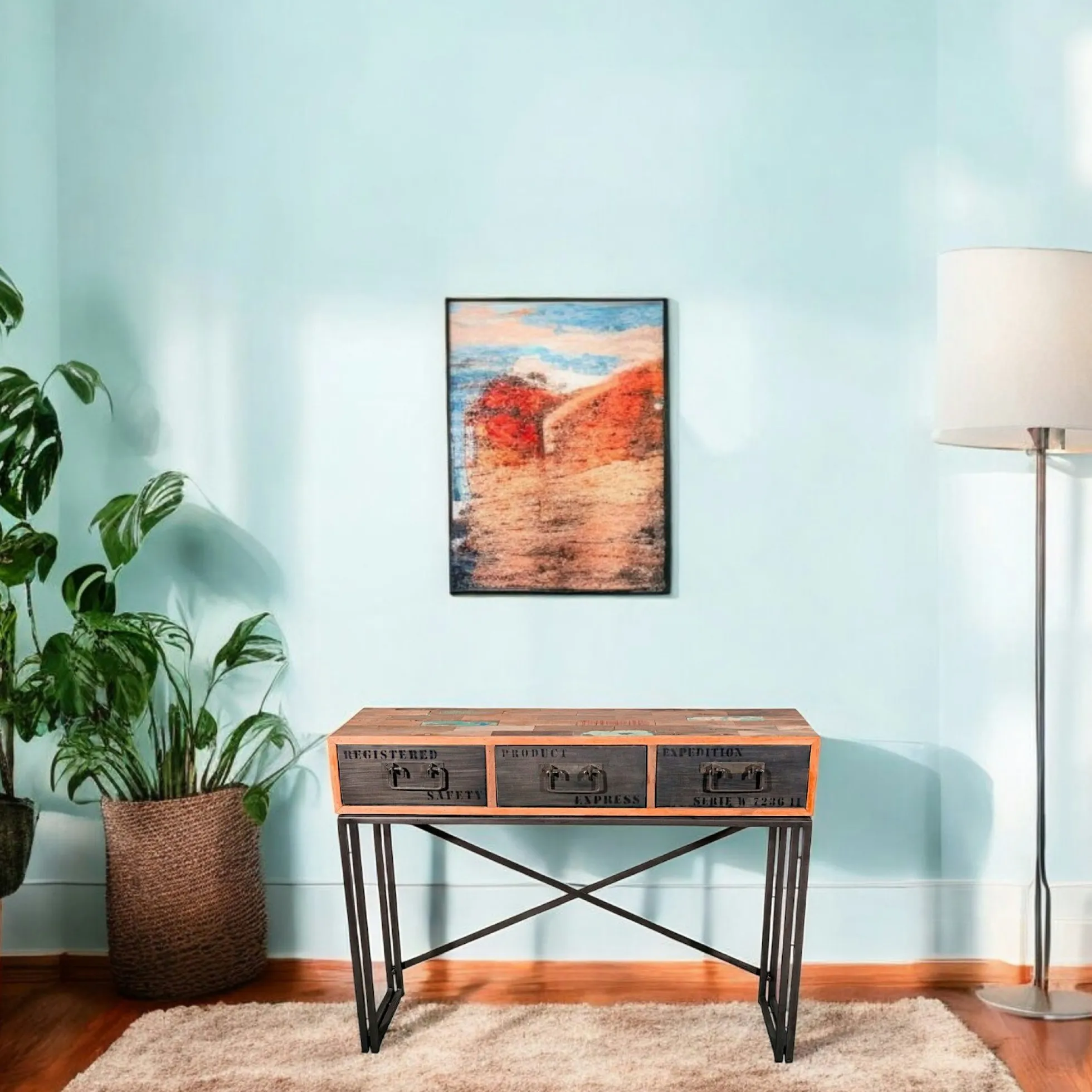 Console bois recyclé 3 tiroirs 120x35x90cm CARAVELLE