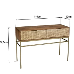 Console bois vintage pieds métal laiton 2 tiroirs graphiques KANHA