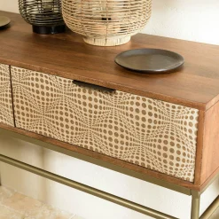 Console bois vintage pieds métal laiton 2 tiroirs graphiques KANHA