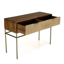 Console bois vintage pieds métal laiton 2 tiroirs graphiques KANHA
