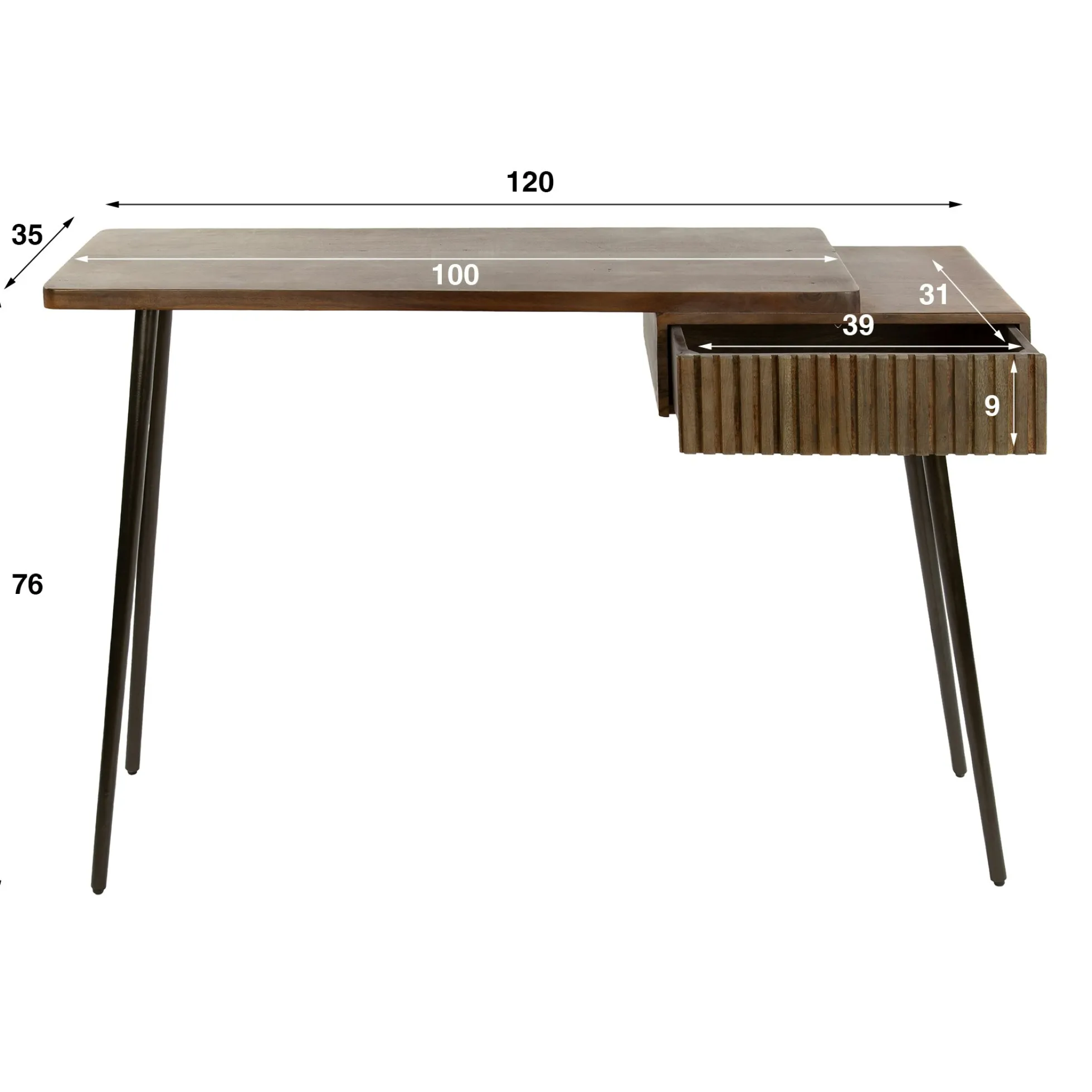 Console bureau en bois d’acacia brun, tiroir rainuré NAKO