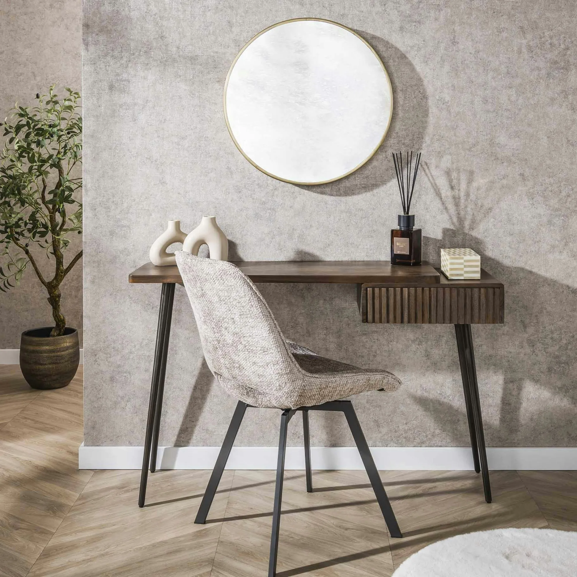 Console bureau en bois d’acacia brun, tiroir rainuré NAKO