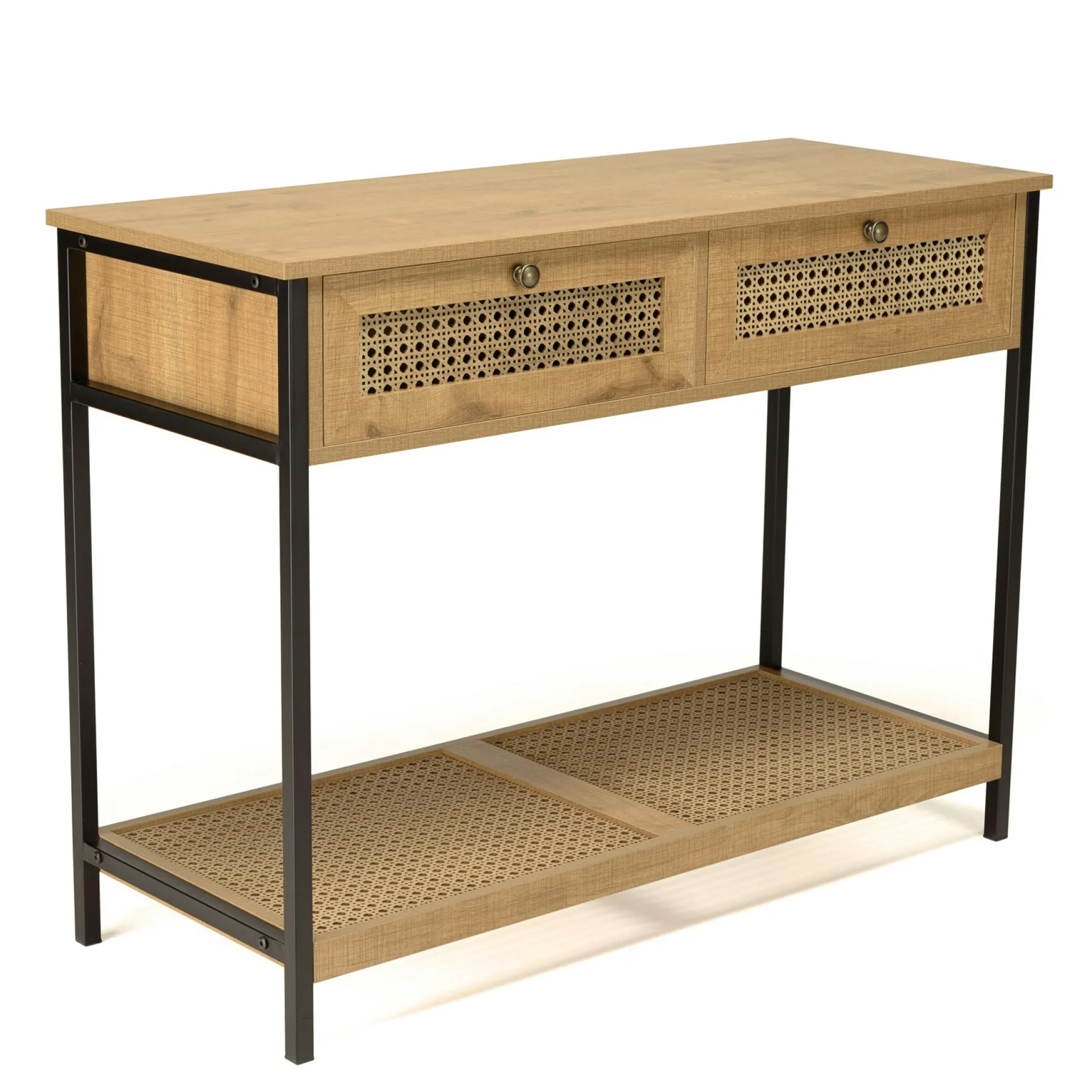 Console d'entrée bois - métal avec tiroirs cannage ALCUDIA