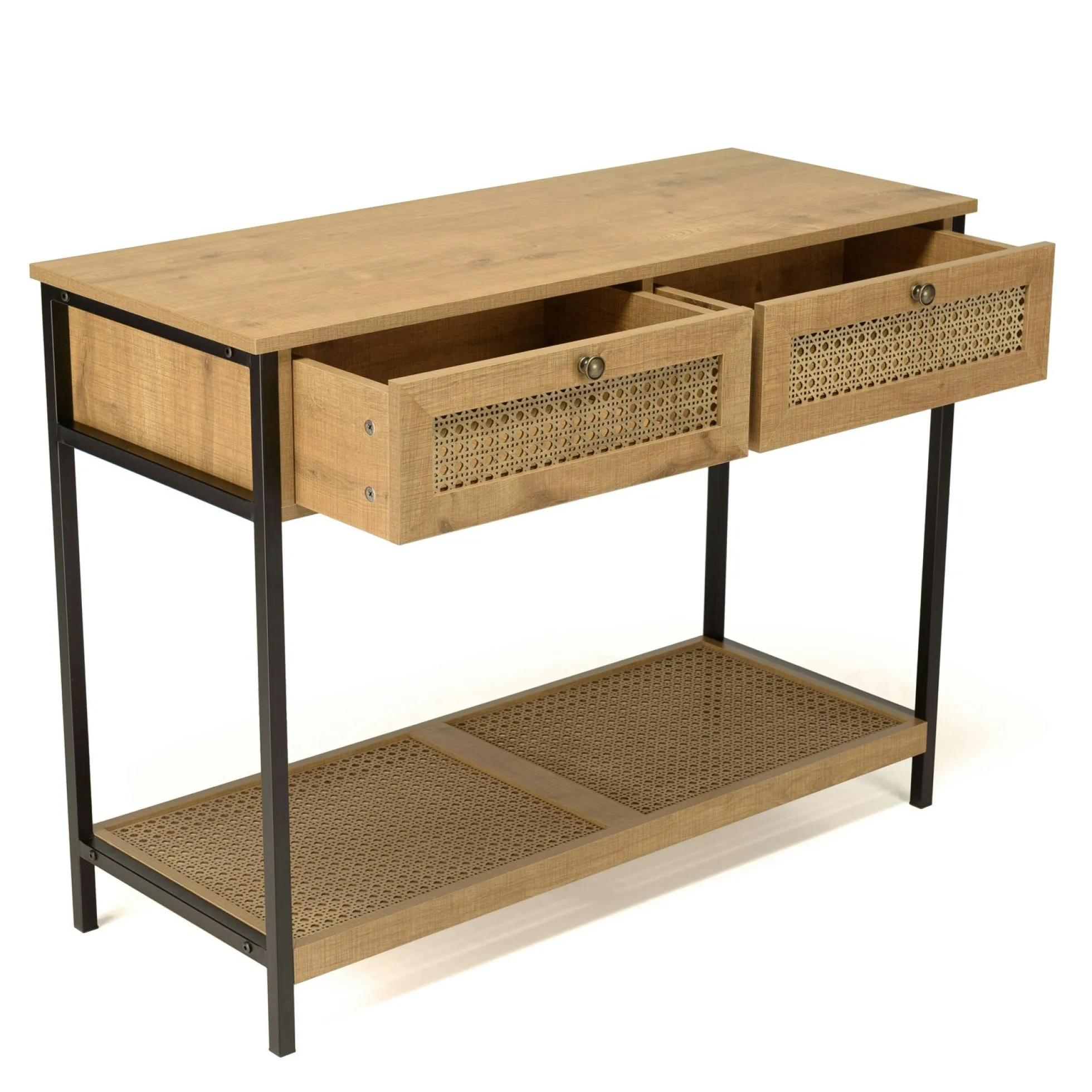 Console d'entrée bois - métal avec tiroirs cannage ALCUDIA
