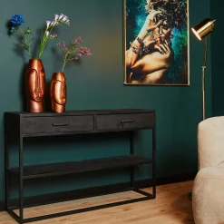 Console d'entrée en bois noir 2 tiroirs motif chevron ALVERA