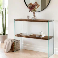 Console d'entrée minimaliste bois brun et verre LHASA