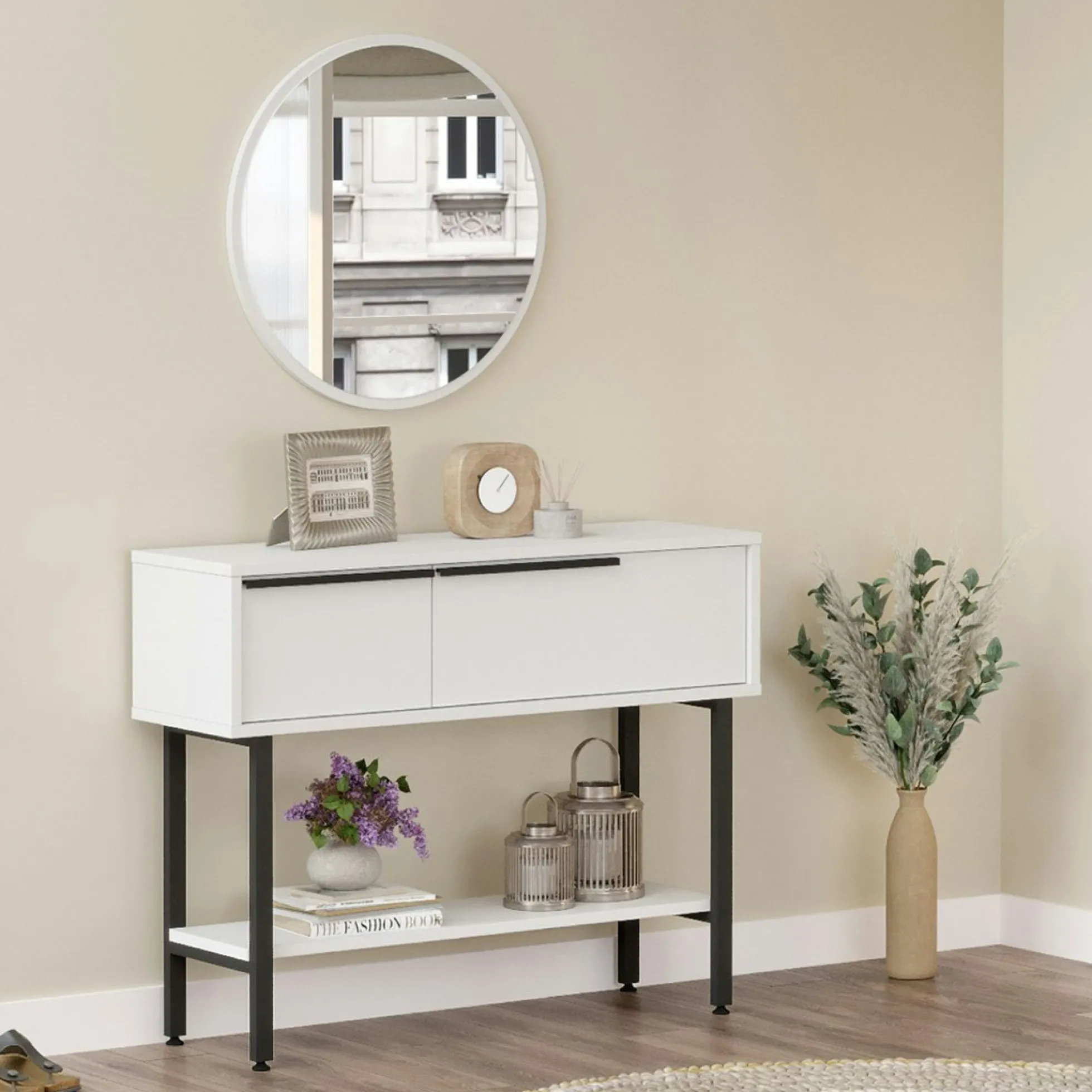 Console d'entrée moderne noir et blanc et miroir rond JENA