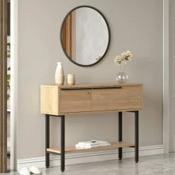 Console d'entrée rangement 2 portes décor bois et miroir JENA