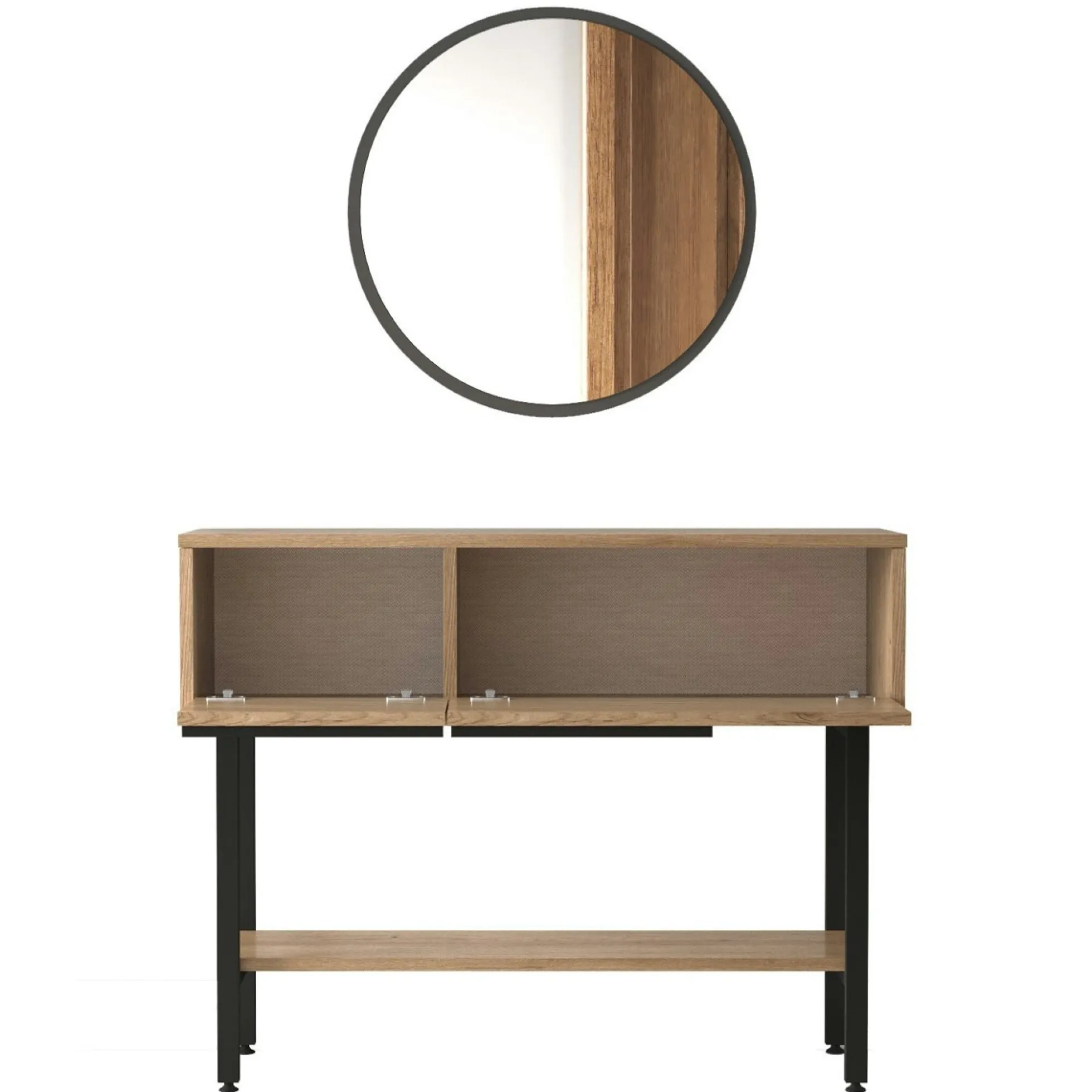 Console d'entrée rangement 2 portes décor bois et miroir JENA