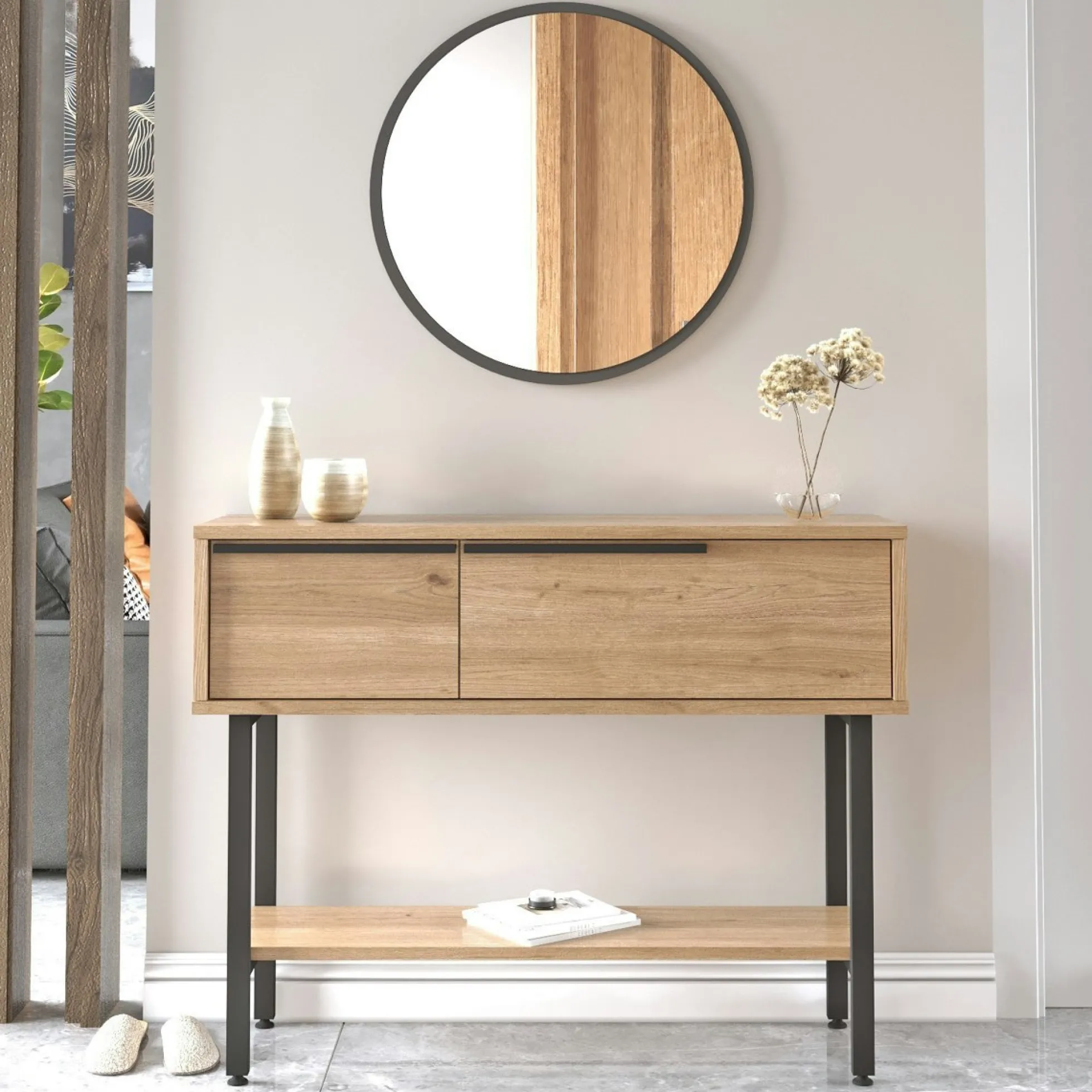 Console d'entrée rangement 2 portes décor bois et miroir JENA