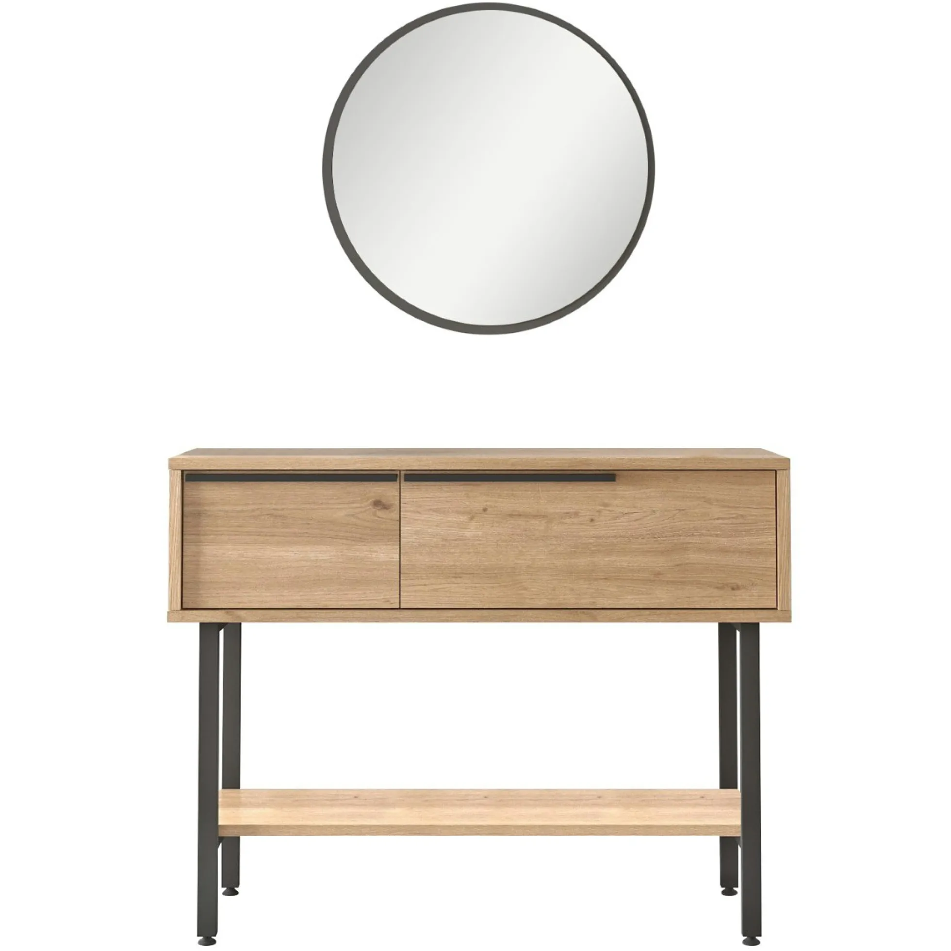 Console d'entrée rangement 2 portes décor bois et miroir JENA