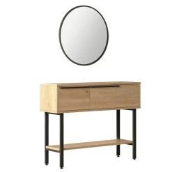 Console d'entrée rangement 2 portes décor bois et miroir JENA