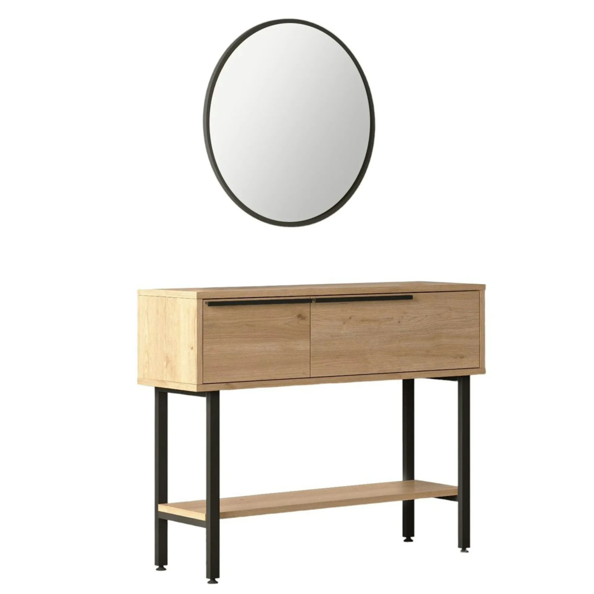 Console d'entrée rangement 2 portes décor bois et miroir JENA