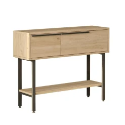 Console d'entrée rangement 2 portes décor bois et miroir JENA