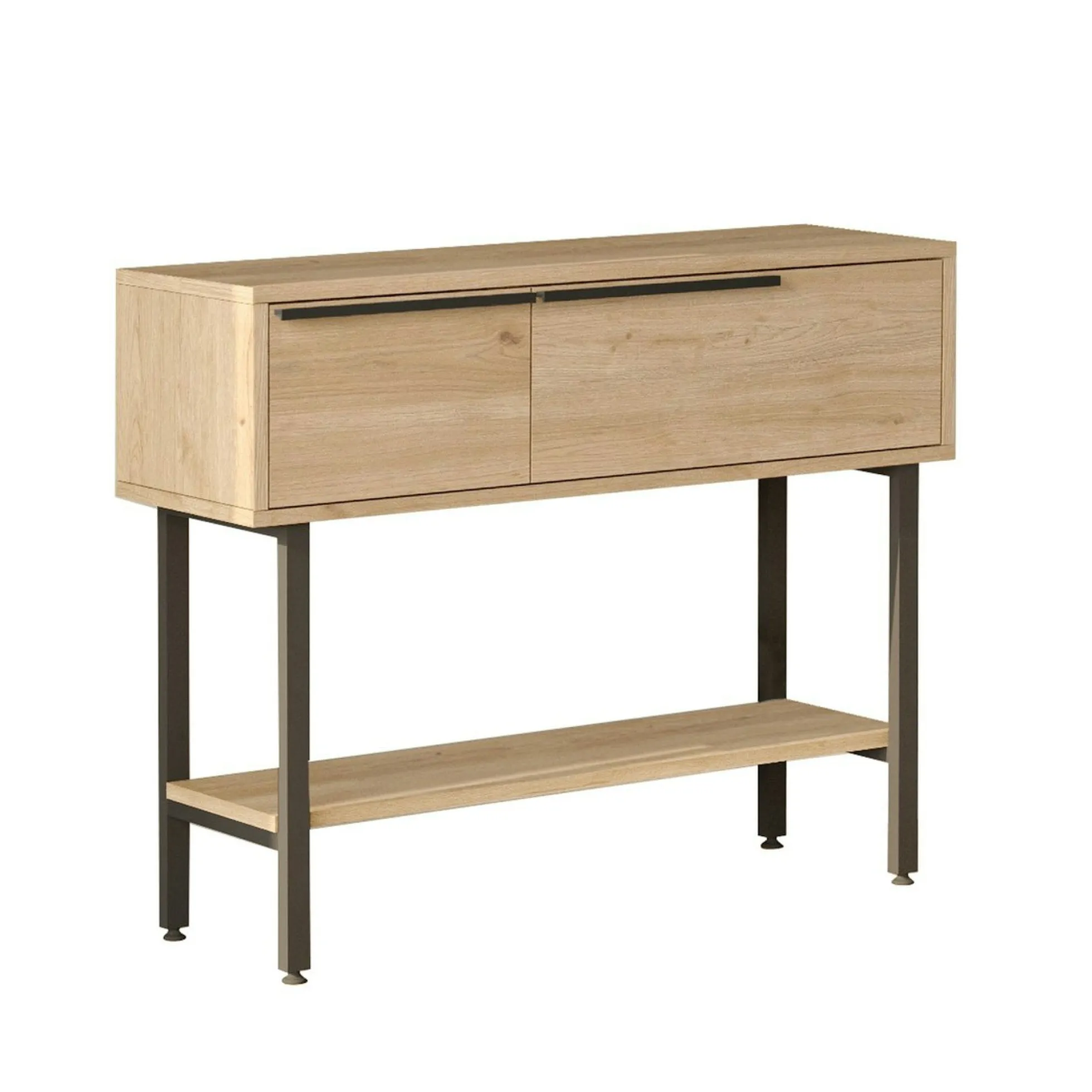 Console d'entrée rangement 2 portes décor bois et miroir JENA