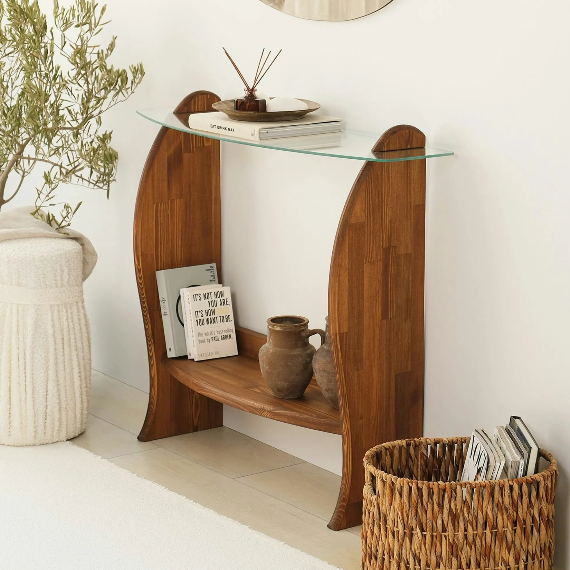 Console d'entrée vintage - bois brun, verre ANZIO