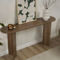 Console de salon ovale effet noyer foncé - pieds en V MARFA
