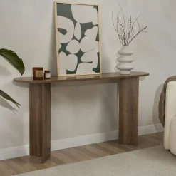 Console de salon ovale effet noyer foncé - pieds en V MARFA
