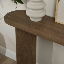 Console de salon ovale effet noyer foncé - pieds en V MARFA