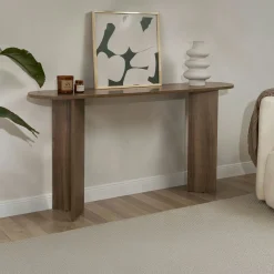 Console de salon ovale effet noyer foncé - pieds en V MARFA