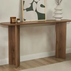 Console de salon ovale effet noyer clair - pieds en V MARFA