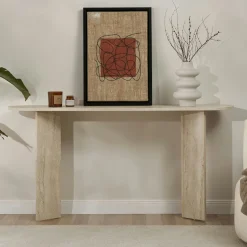 Console de salon ovale effet travertin - pieds en V MARFA