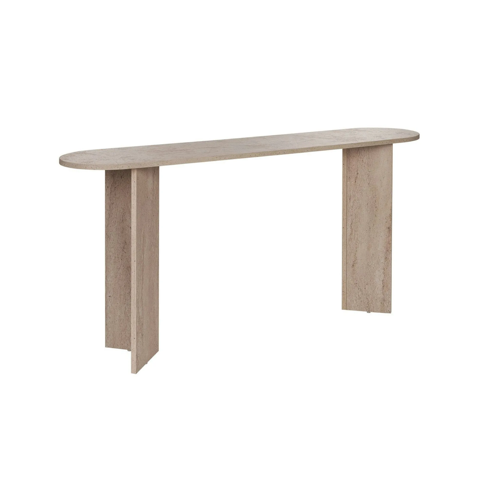 Console de salon ovale effet travertin - pieds en V MARFA