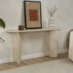 Console de salon ovale effet travertin - pieds en V MARFA