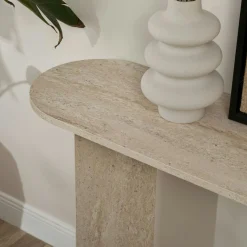 Console de salon ovale effet travertin - pieds en V MARFA