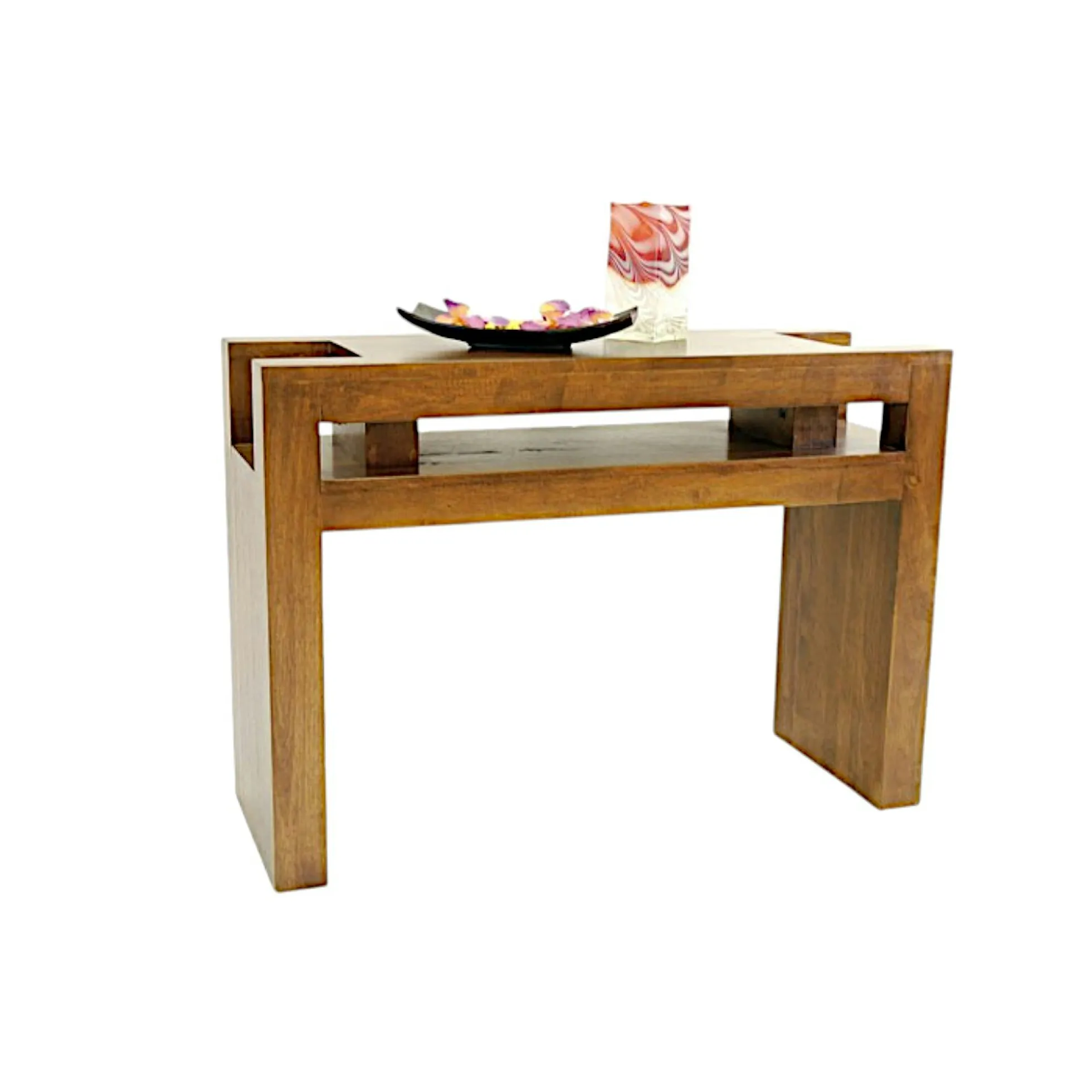 Console Hévéa 2 niches intégrées dans son double plateaux 110x40x78cm OLGA