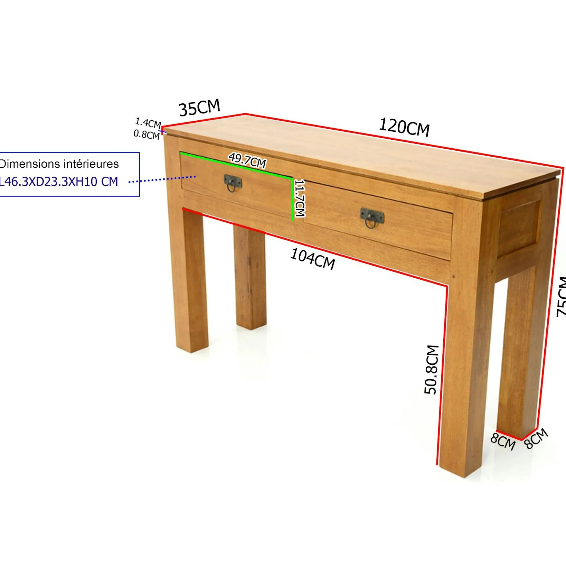 Console hévéa 2 tiroirs 120cm HELENA