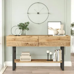 Console rustique chic décor bois clair 2 tiroirs JENA