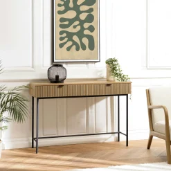 Console 2 tiroirs décor effet bois rainuré noir/naturel OLETTA