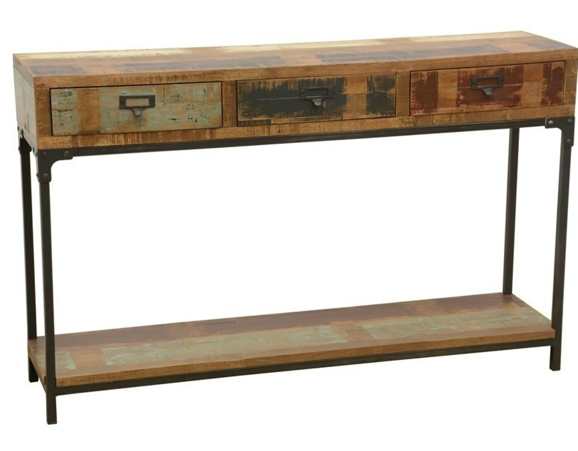 Console 3 tiroirs, 1 plateau bas en Hévéa recyclé coloré et métal 120x30x75 LOFT COLORS