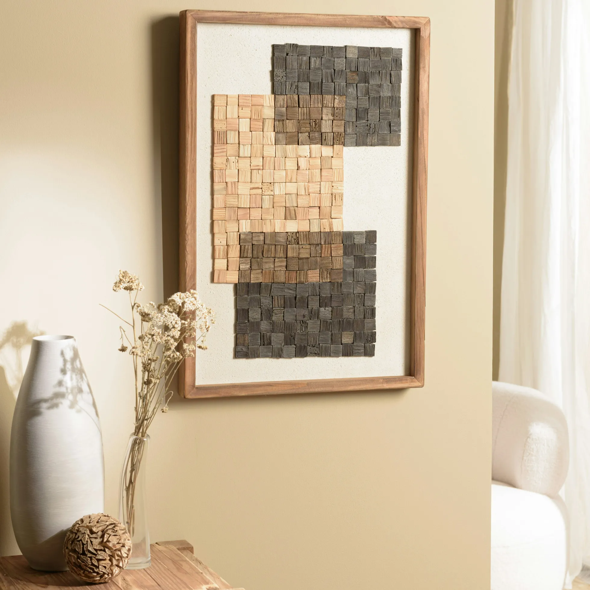 Décoration murale bois et tissu décor 3 mosaïques 42 x 62 cm DENVER