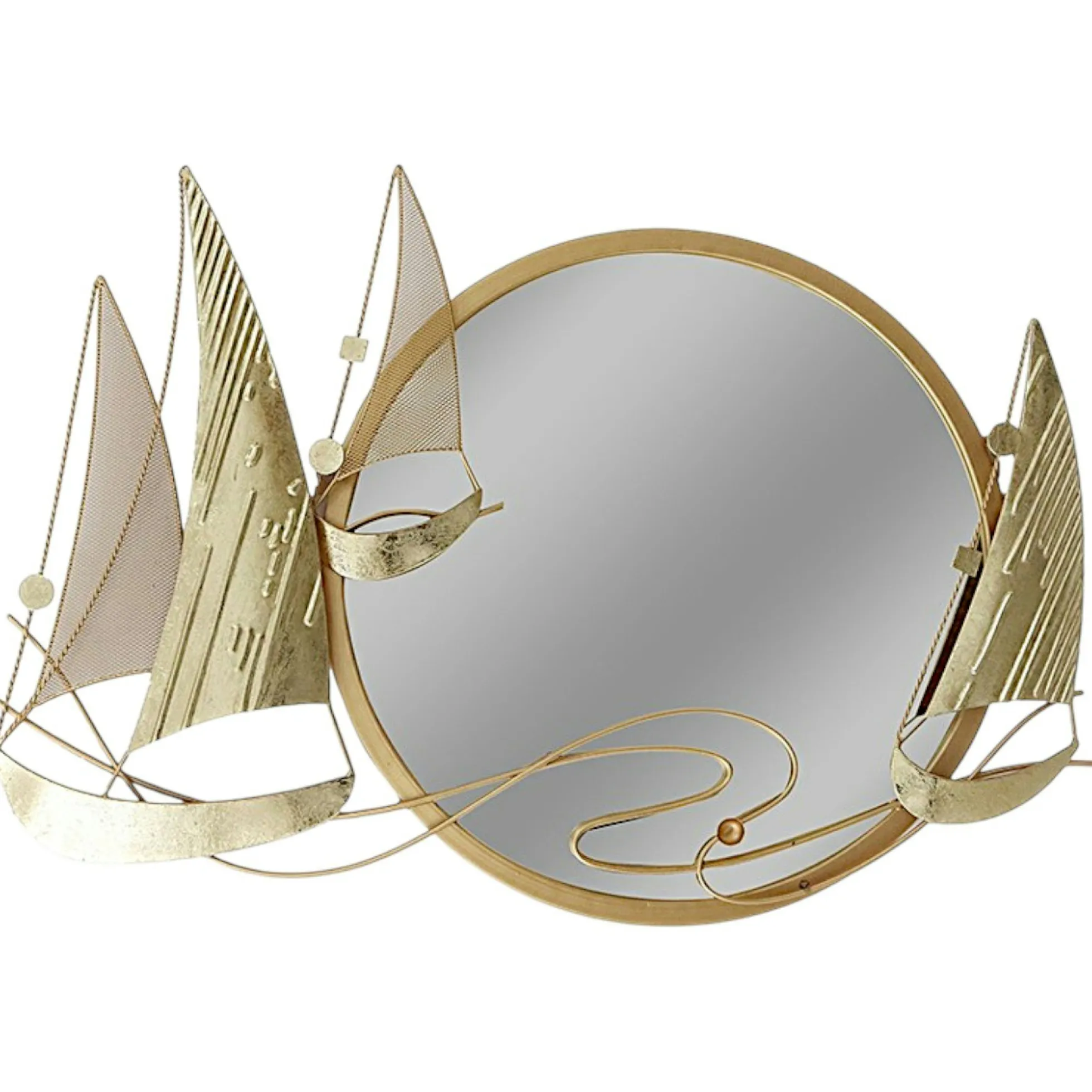 Décoration murale en métal avec miroir rond et bateaux dorés
