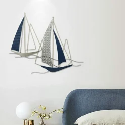 Décoration murale en métal 2 bateaux bleu cobalt et gris